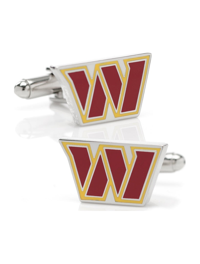 Silver-toned NFL Washington Commanders Cufflinks featuring a maroon and yellow letter W logo to show team spirit.