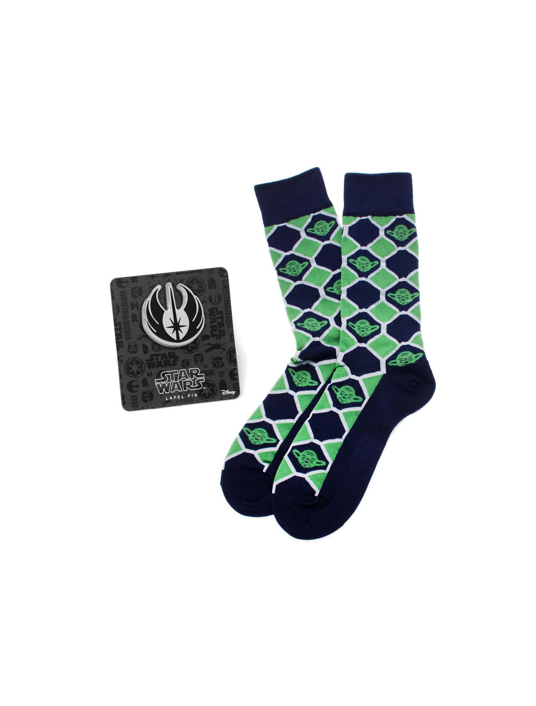 Star Wars Yoda Green and Navy Checkered Dress Socks and Jedi Crest Lapel Pin Gift Set featuring green and navy checkered socks paired with a circular metal Jedi Order crest lapel pin on a backing card.