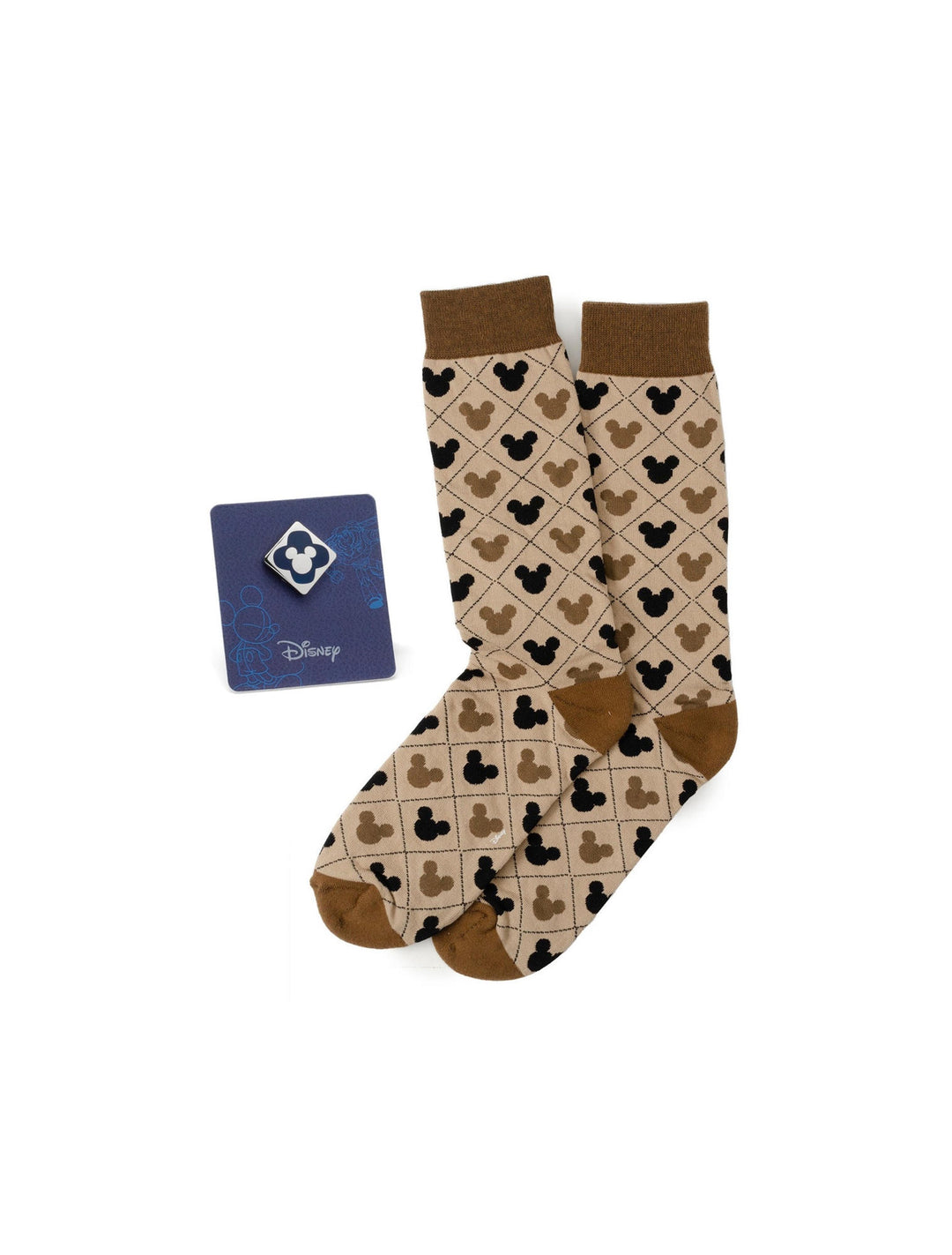 Disney Mickey Mouse Tan Sock & Mickey Lapel Pin Set featuring tan socks with brown argyle and black Mickey Mouse head patterns, displayed on a blue card with a matching lapel pin.