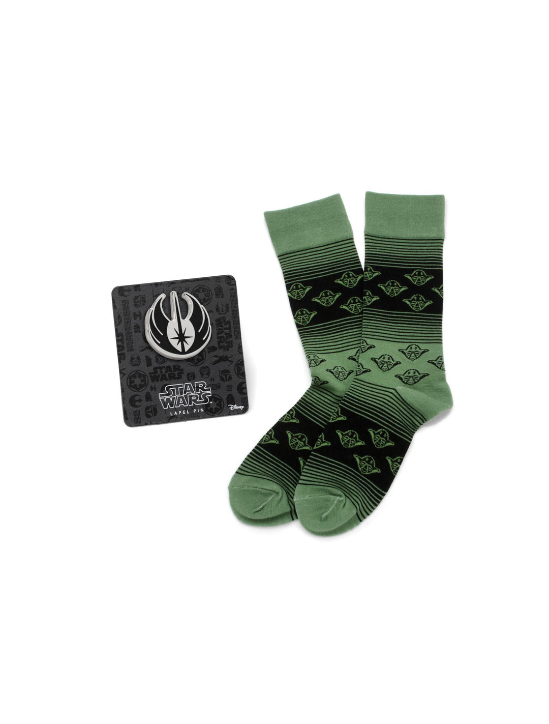 Star Wars Yoda Green and Black Ombre Pattern Dress Socks with Jedi Crest Lapel Pin, featuring green and black ombre socks with Yoda faces and a Jedi crest pin on a display card.