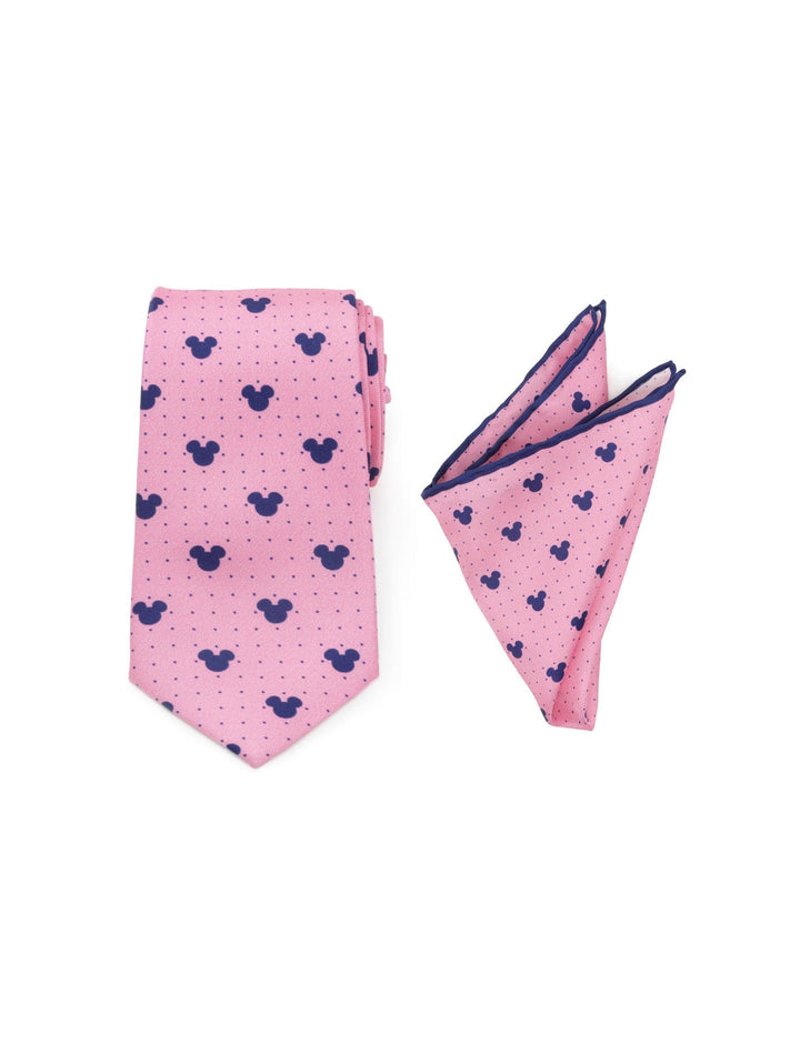 Disney Mickey Mouse Dot Pink Tie and Pocket Square Gift Set featuring a pink Mickey Mouse tie and a folded navy blue polka dot pocket square.