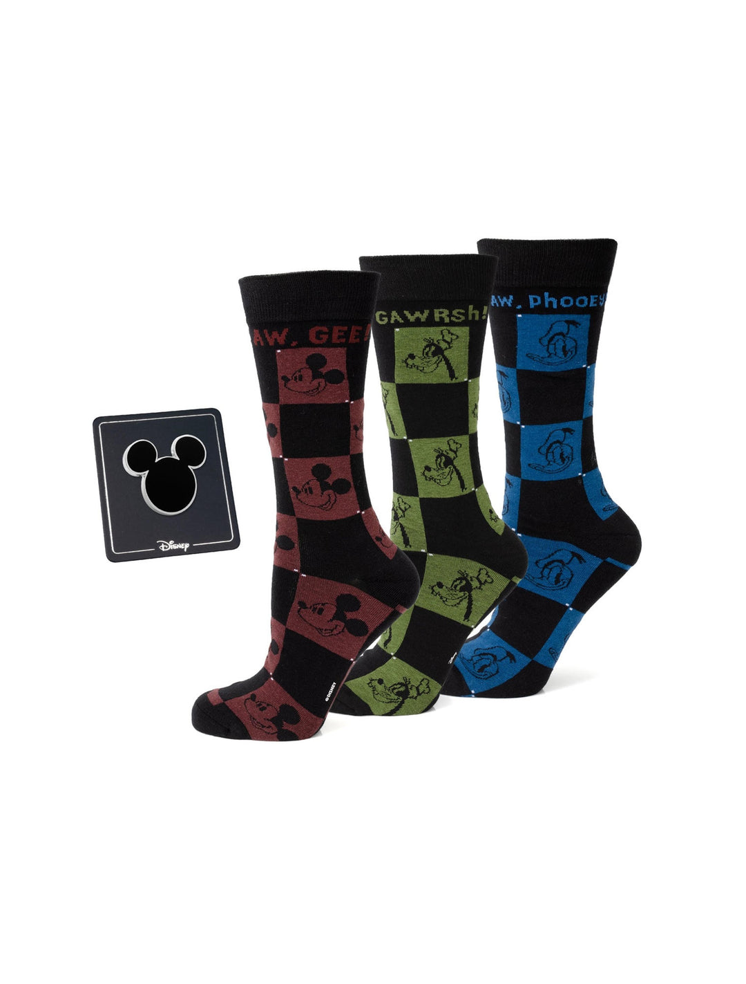 Disney Mickey and Friends Checkered Black Gift Set containing three pairs of crew socks with character faces and text on checkered backgrounds, displayed with a square Mickey Mouse icon gift tag.