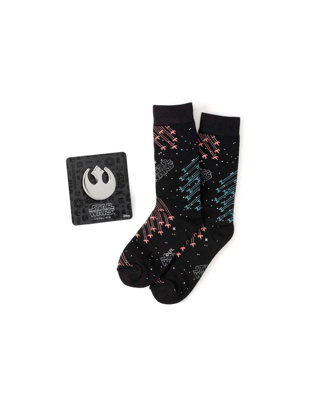 A pair of Star Wars X-Wing and TIE Fighter Battle Dress Socks and Lapel Pin Gift Set featuring a repeating X-wing and TIE fighter pattern, displayed with a circular silver Rebel Alliance lapel pin.