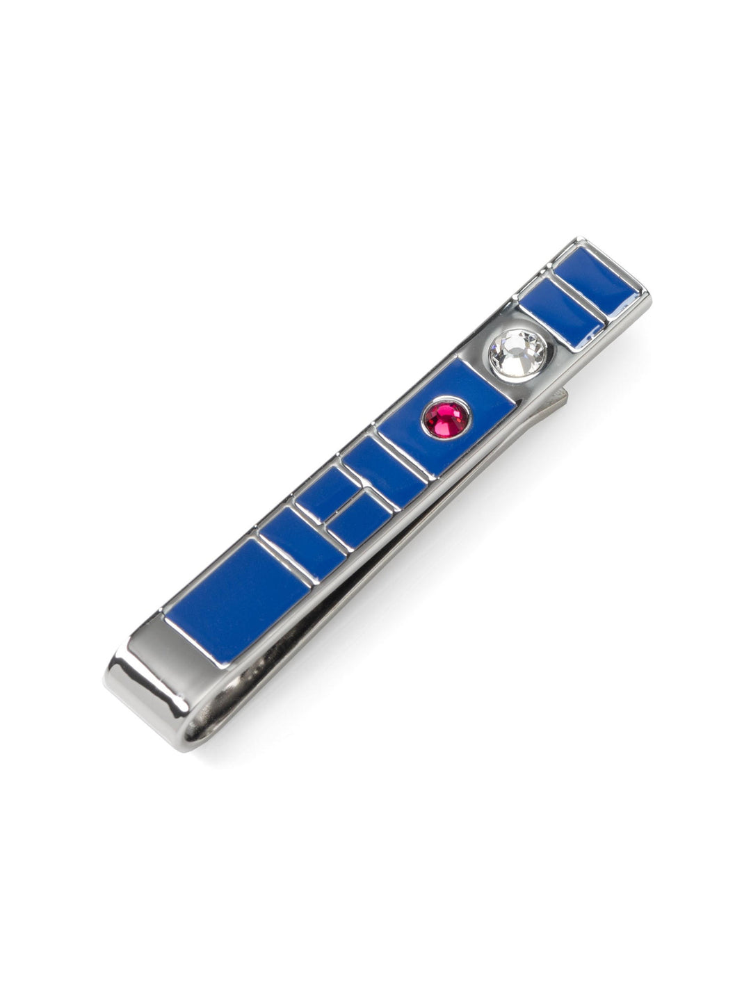 Cufflinks.com Star Wars R2-D2 Blue Tie Bar in silver-toned metal with blue enamel panels, a clear crystal, and a small pink stone.