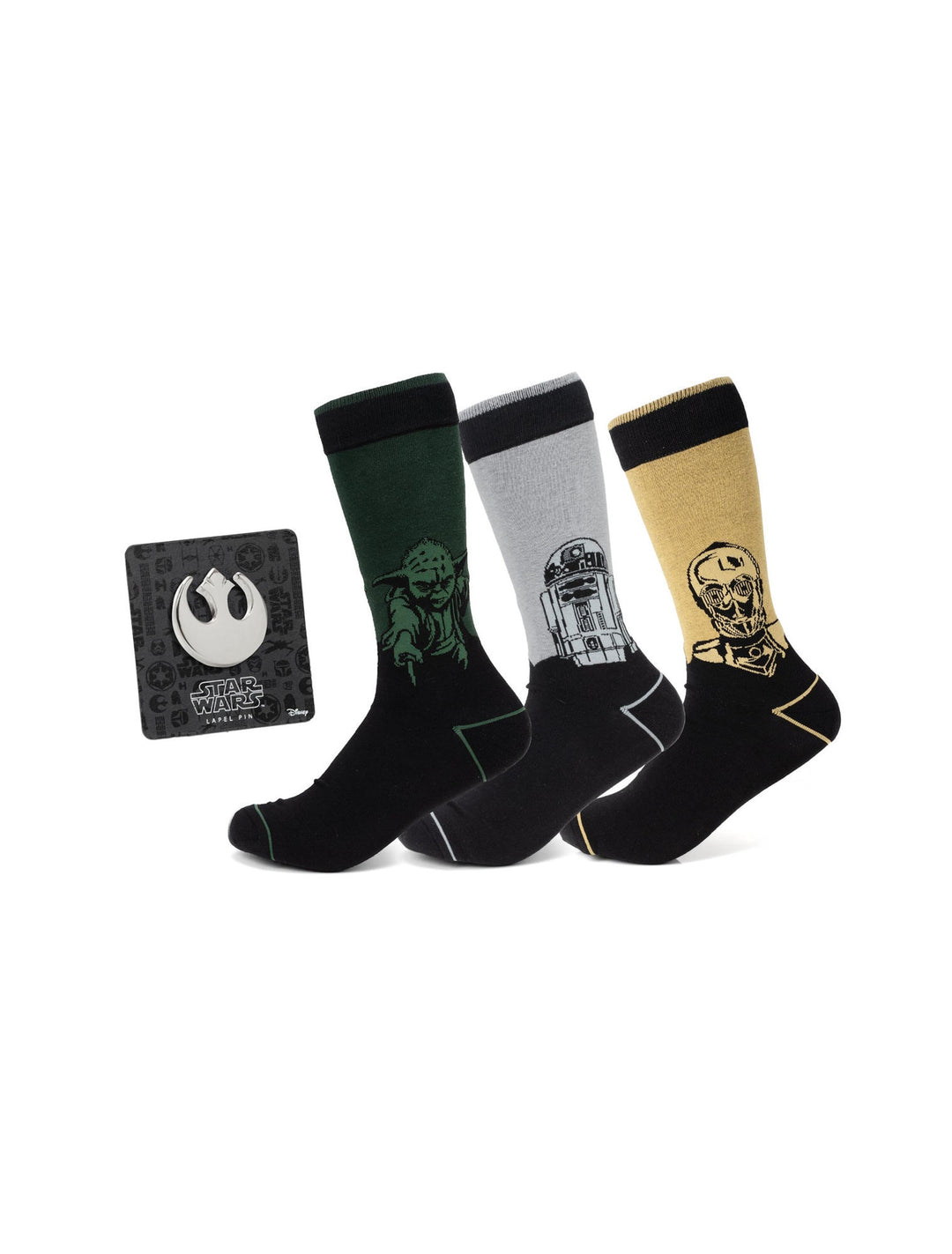 Star Wars Yoda, R2-D2, and C-3PO Dress Socks 3-Pack with Rebel Crest Lapel Pin Gift Set featuring three pairs of socks and one lapel pin.