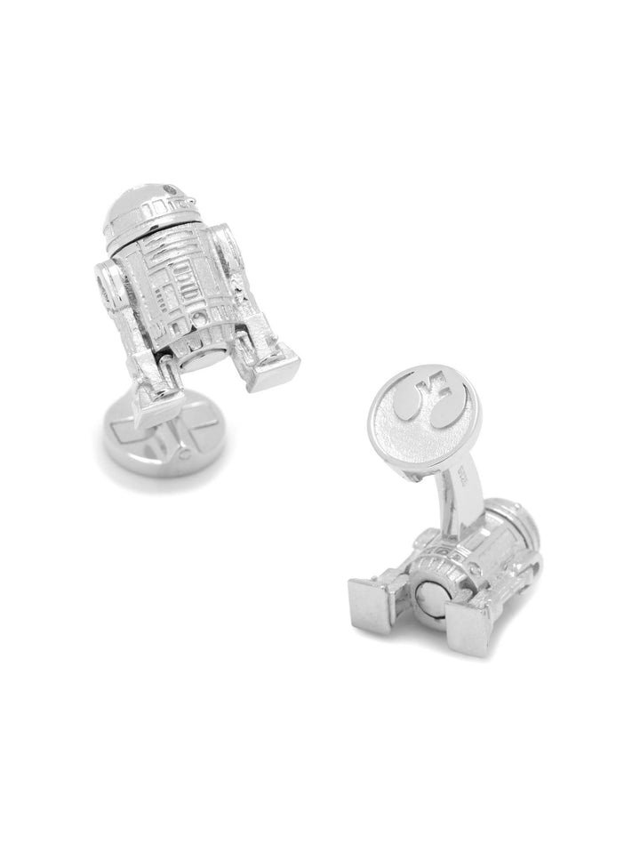 Star Wars R2-D2 Sterling Silver 3D Cufflinks featuring one R2-D2 replica and one Rebel Alliance starbird logo in sterling silver.