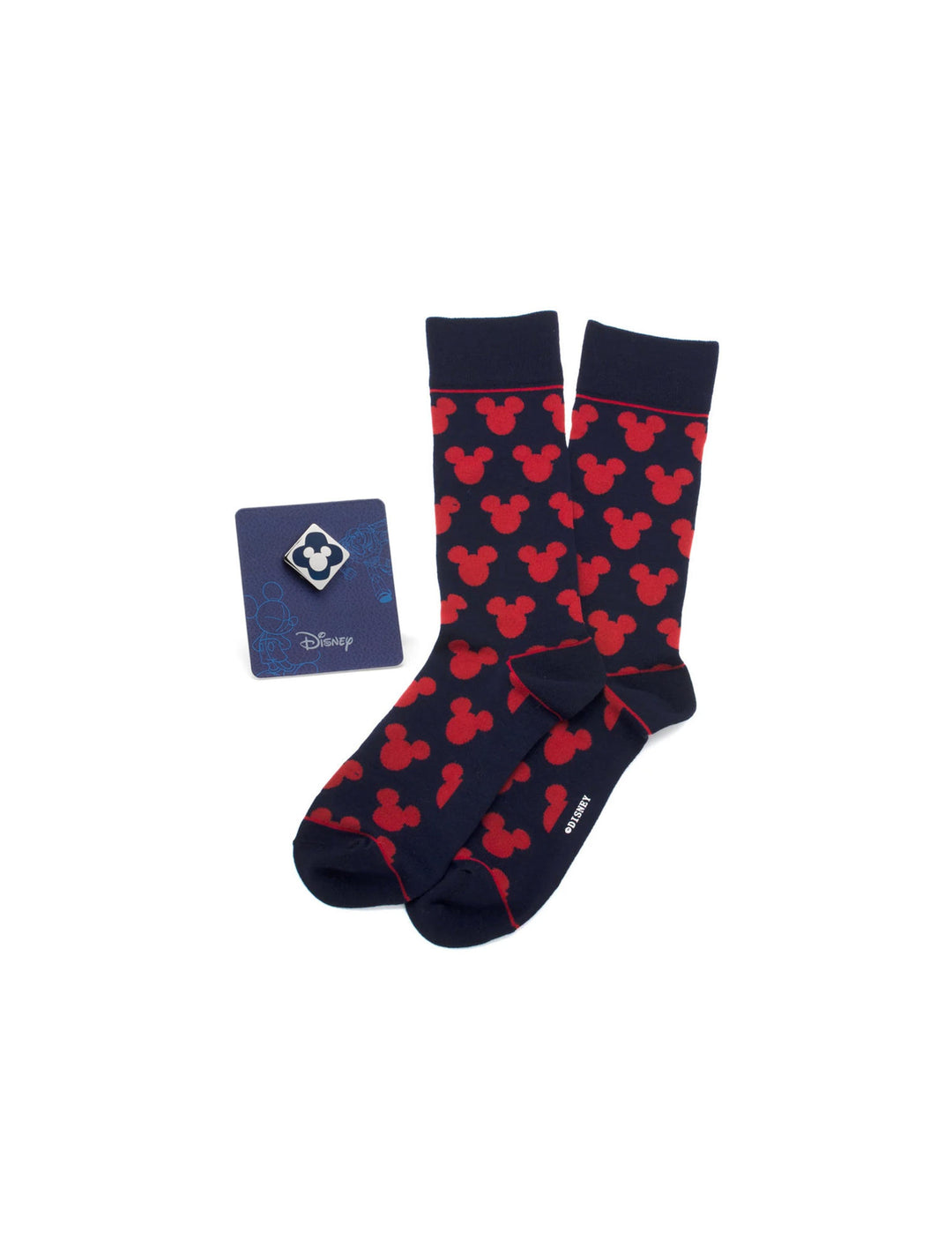 Disney Mickey Mouse Silhouette Blue Sock and Mickey Blue Lapel Pin Gift Set featuring navy blue Mickey silhouette socks and a matching square Mickey icon lapel pin.
