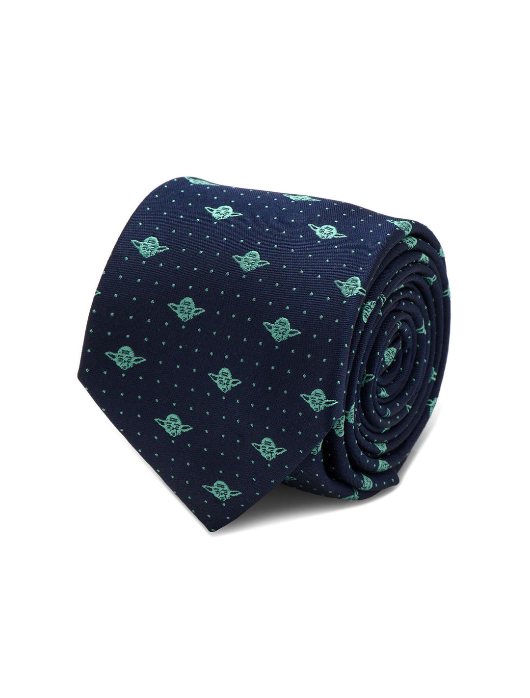 A rolled-up Star Wars Yoda Dotted Navy Tie in navy blue silk, patterned with light green icons and small dots.