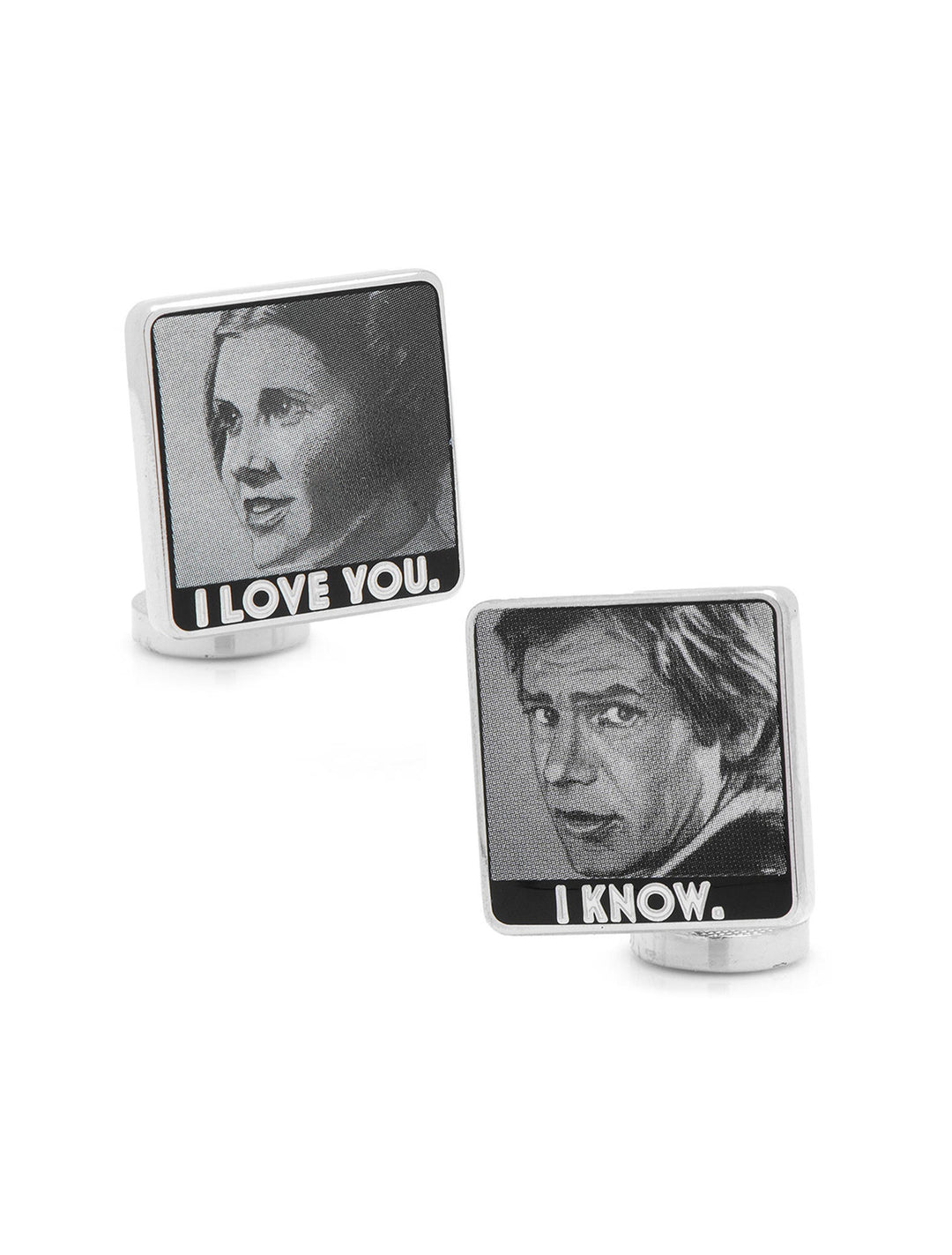 Star Wars Princess Leia and Han Solo “I Love You / I Know” Photo Cufflinks featuring two square silver pieces, one with Princess Leia and “I LOVE YOU.” and the other with Han Solo and “I KNOW.”