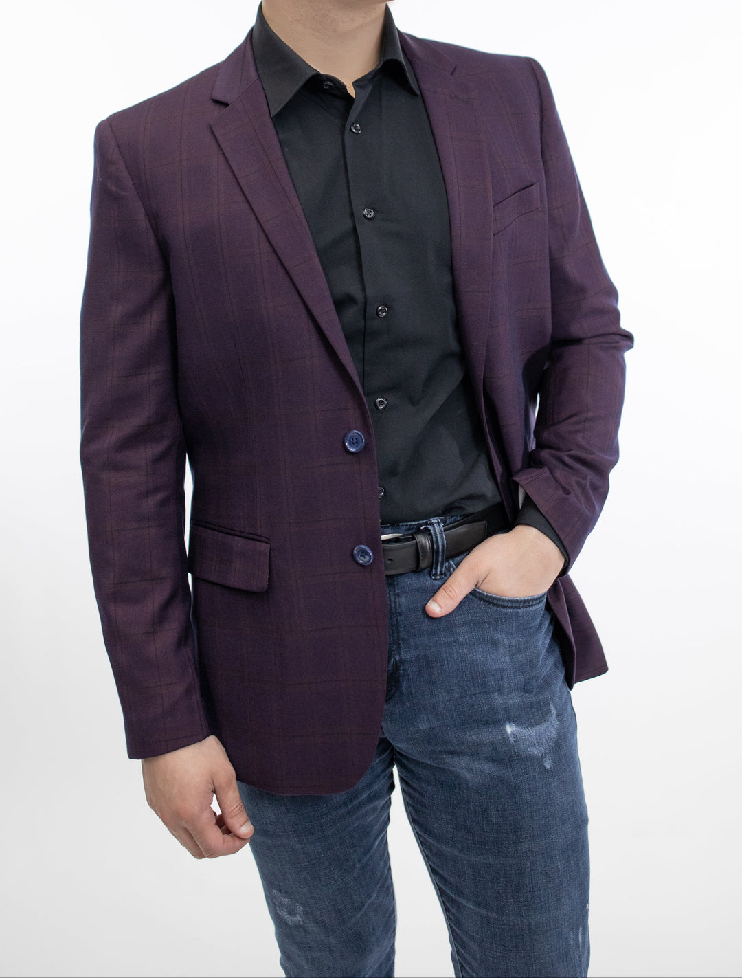 A man in a FUBU Slim Fit Burgundy Windowpane Sport Jacket from Fubu The Colle posing for a photo.