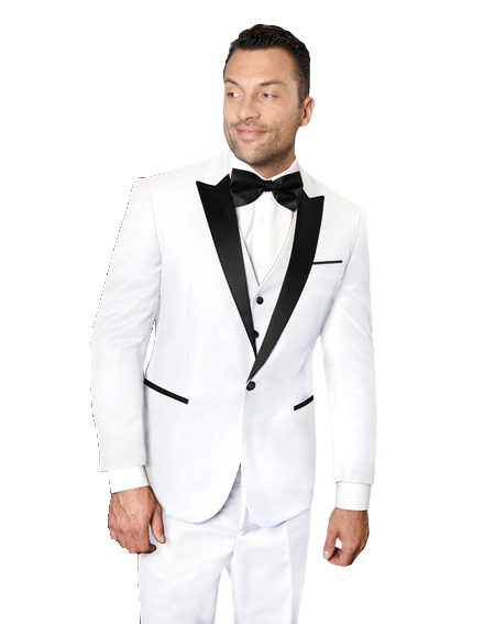 A man stands against a plain background wearing the Statement Men's White with Black Peak Lapel Vested 100% Wool Tuxedo, paired with a black bow tie and white shirt in a tailored fit.