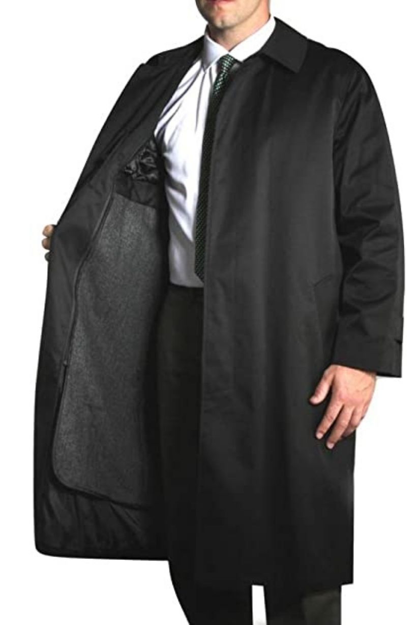 A man donning a Jean Paul Germa Black Raincoat Jacket For Men - Full Length and Waterproof.
