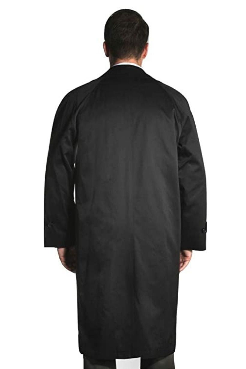 The back view of a man wearing a Jean Paul Germa water-resistant fabric trench coat.
