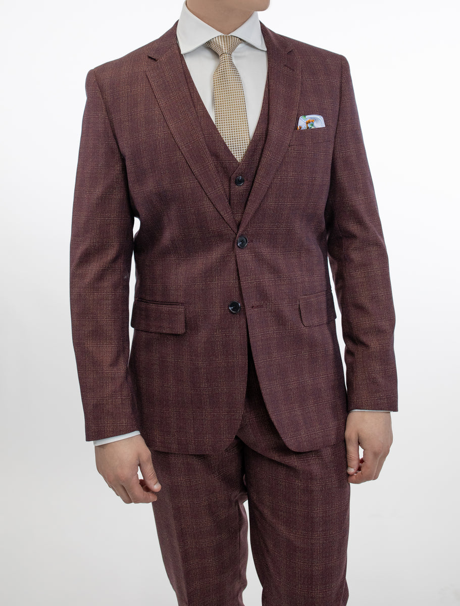 FUBU Burgundy Tartan Vested Suit Karako Suits