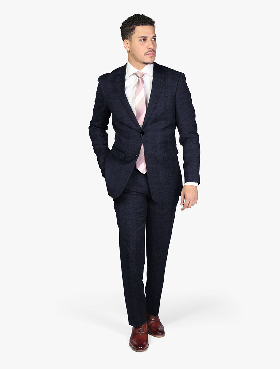 FUBU Slim Fit Dark Blue With Red Windowpane Vested Suit – Karako Suits